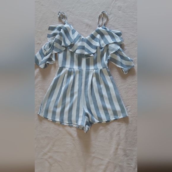 Lulus Beach House Blue and White Striped Off-the-Shoulder Romper, Size XS - Picture 5 of 8